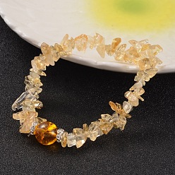 Citrine Chips Natural Citrine(Dyed & Heated) & Quartz Crystal(Dyed & Heated) Beaded Stretch Bracelets, with Brass Rhinestone Findings, Silver Color Plated, 59mm