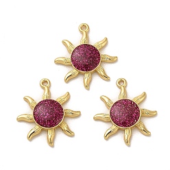 Cerise Brass Pendants, with Enamel, Real 18K Gold Plated, Glitter Sun Charm, Cerise, 22x20x4mm, Hole: 1.2mm