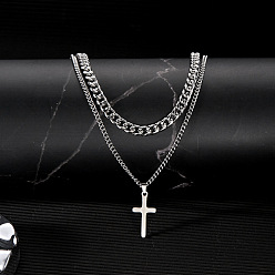 Нержавеющая Сталь Цвет Двухслойные ожерелья с подвеской-крестом из нержавеющей стали, кабельные цепи ожерелья для мужчин и женщин, цвет нержавеющей стали, 19.69 дюйм (50 см)