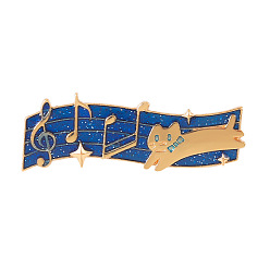 Royal Blue Cat with Music Enamel Pin, Golden Alloy Badge for Backpack Clothes, Royal Blue, 13x44mm