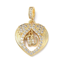 Letter W Латунные микропаве прозрачные подвески с фианитом, крыло с буквенными подвесками, без свинца и без кадмия, долговечный, стойки покрытие, реальный 18 k позолоченный, Буква W, 20.5x18x3.5 мм, отверстие : 4.5x3.5 мм