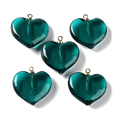 Teal Handmade Lampwork Pendants, with Rack Plating Golden Tone Brass Findings, Long-Lasting Plated, Heart Charm, Teal, 18.5x17x6.5mm, Hole: 1.4mm