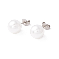 Stainless Steel Color 6 Pair Shell Pearl Round Ball Stud Earrings, 304 Stainless Steel Post Earrings for Women, White, Stainless Steel Color, 22x10mm, Pin: 1mm