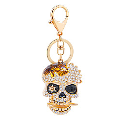 Gold Skull Pendant Keychain, Alloy Rhinestone & Enamel Keychain with Split Key Ring & Lobster Claw Clasps, Gold, 12cm