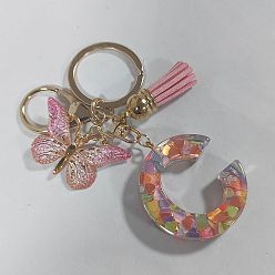 Letter C Acrylic and Resin Keychain, with Tassel, Alloy Rings, Butterfly, Letter C, 10cm, Pendant: 23~43mm