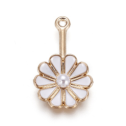 White Alloy Enamel Pendants, with Acrylic Imitation Pearl, Flower, Light Gold, White, 26x16x5mm, Hole: 1.4mm