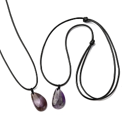 Аметист Подвеска в виде капли из натурального аметиста, регулируемые ожерелья из черного вощеного шнура, 14.96~29.53 дюйм (38~75 см)