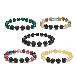 Mixed Color Natural Lava Rock & Dyed Agate Beaded Stretch Bracelet Sets, Electroplate Non-magnetic Synthetic Hematite Jewelry for Women, Mixed Color, Inner Diameter: 2-7/8 inch(7.2cm), 5pcs/set