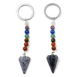Sodalite Natural Sodalite Cone Pendant Keychain, with 7 Chakra Gemstone Beads and Platinum Tone Brass Findings, 108mm