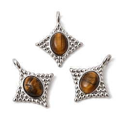 Платина Природных тигровый глаз подвески, Подвески в форме ромба с латунными оправами, платина, 23.5x19~19.5x5 мм, отверстие : 3 мм