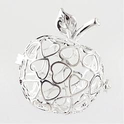 Серебро Подвески из латуни, для ожерелья, полая яблоко, серебряный цвет гальваническим, 32.5x30.5x22.5 мм, отверстия: 4x6 мм, Внутренняя мера: 20x22 мм