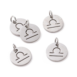 Libra 304 Stainless Steel Charms, Flat Round with Constellation/Zodiac Sign, Libra, 12x1mm, Hole: 3mm