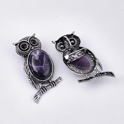 Amethyst Natural Amethyst Brooches/Pendants, with Rhinestone and Alloy Findings, Owl, Antique Silver, 51x28~29x15~16.5mm, Hole: 4.5x8.5mm, Pin: 0.5mm