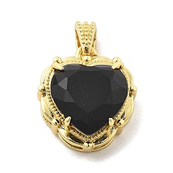 Черный Латунь стекло амулеты, сердце прелести, стойки покрытие, долговечный, без свинца и без кадмия, граненые, реальный 18 k позолоченный, чёрные, 14.5x13.5x6.5 мм, отверстие : 2x3.5 мм