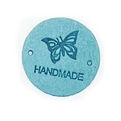 Pale Turquoise Microfiber Leather Label Tags, Handmade Embossed Tag, with Holes, for DIY Jeans, Bags, Shoes, Hat Accessories, Flat Round with Butterfly, Pale Turquoise, 25mm