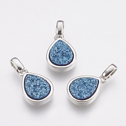 Royal Blue Natural Druzy Agate Pendants, with Brass Finding, teardrop, Platinum, Royal Blue, 14.5x10x3~4mm, Hole: 2x2.5mm