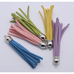Mixed Color Suede Tassels, with Platinum Color Brass Findings, Nice for DIY Earring or Cell Phone Straps Making, Mixed Color, about 10mm wide, 66mm long, hole: 1mm
