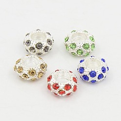 Mixed Color Alloy Rhinestone European Beads, Large Hole Beads, Rondelle, Silver Color Plated, Mixed Color, 11x6mm, Hole: 5mm