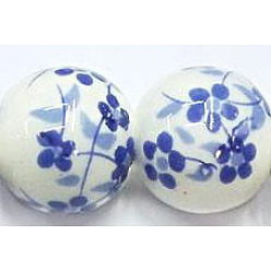 Blue Famille Rose Porcelain Beads, Round, Blue, 8mm, Hole: 2~2.5mm