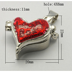 Красный Латунные подвески коробки молитве, эмаль, сердце, платиновый цвет, красные, Размер : длиной около 22 мм , шириной 20 мм , толщиной 11 мм , отверстие: шириной 4 мм, 6 мм длиной