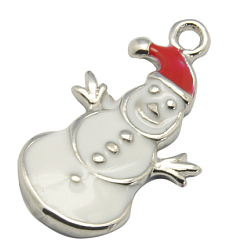 White Brass Enamel Pendants, for Christmas, Snowman, Platinum, White, about 13mm wide, 23mm long, 2mm thick, hole: 2mm