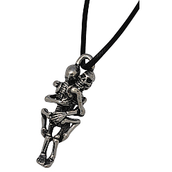 Black Zinc Alloy Skull Necklaces for Halloween, with Waxed Cotton Cord and Iron Lobster Clasps, Black, 45x15x13mm
