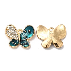 Teal Alloy Enamel Pendants, with Rhinestone, Cadmium Free & Nickel Free & Lead Free, Golden, Butterfly Charm, Teal, 16.5x19.5x3mm, Hole: 1.5mm