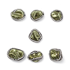 Olive Drab Electroplated Natural Freshwater Shell Nuggets Beads, with Polymer Clay Rhinestone, Olive Drab, 19~22.5x16.5~25x10~12mm, Hole: 0.5~0.7mm