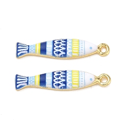 Blue Printed Brass Pendants, Fish with Stripe Charms, Rack Plating, Long-Lasting Plated, Lead Free & Cadmium Free, Real 18K Gold Plated, Blue, 33.5x7.5x3.5mm, Hole: 2.5mm
