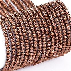 Copper Plated Electroplate Glass Beads Strands, Full Plated, Faceted, Rondelle, Copper Plated, 2x1.5mm, Hole: 0.6mm, about 220~230pcs/Strand, 13.78~14.17 inch(35~36cm)