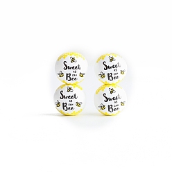 Bees Printed Wood European Beads, Large Hole Bead, Round, Yellow, Word Sweet Bee, Bees Pattern, 16mm, Hole: 4mm