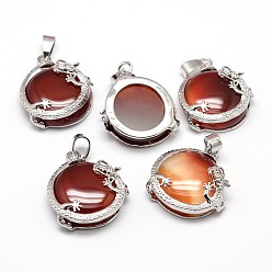 Carnelian Flat Round with Dragon Platinum Tone Brass Natural Red Agate Pendants, Cadmium Free & Lead Free, 26.5x24x9mm, Hole: 7x4mm