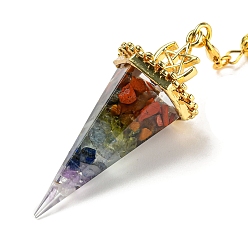 Смешанные камни Большие подвески-маятники из натуральных драгоценных камней и смолы, с реечной накладкой из латуни с золотистым напылением, без свинца и без кадмия, шестиугольный конус, 300~305 мм