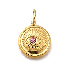 Роза 304 подвески из нержавеющей стали, со стразами и прыжковыми кольцами, ионное покрытие (ip), плоский круглый с шармом в виде глаз, реальный 14 k позолоченный, роза, 18x15.5x3.5 мм, отверстие : 5x2.5 мм