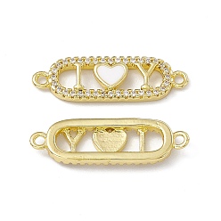 White Rack Plating Brass Micro Pave Clear Cubic Zirconia Connector Charms, with Enamel, Cadmium Free & Lead Free, Oval with Heart Links, Real 18K Gold Plated, White, 8.5x27x2.5mm, Hole: 1.5mm