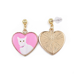 Pearl Pink Alloy Kitten Dangle Stud Earrings, with Enamel, Eco-Friendly Stainless Steel Pins and Ear Nuts, Printed, Heart with Cat Shape, Pearl Pink, 27.5x19.5mm, Pin: 0.7mm