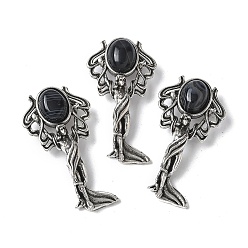 (946F)Морозный цвет внутри  Жонкиль / Непрозрачная зеленая подкладка Подвески из натурального черного агата в форме ангела из латуни, с целью перехода в кольце, античное серебро, окрашенная и подогревом, 38x19.5x7.5~9.5 мм, отверстие : 2x6.5 мм