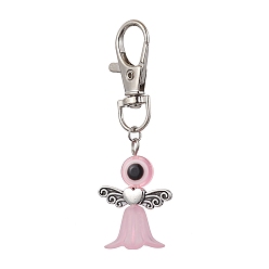 Pink Acrylic & Resin Evil Eye Angel Pendant Decorations, with Zinc Alloy Swivel Lobster Claw Clasps, Pink, 70mm