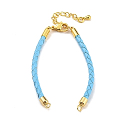 Light Sky Blue Leather Braided Cord Link Bracelets, Fit for Connector Charms, with Long-Lasting Plated Rack Plating Colden Tone Brass Lobster Claw Clasp & Chain Extender, Light Sky Blue, 6x1/8 inch(15.2cm), Hole: 2mm
