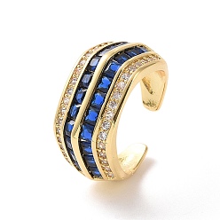 Medium Blue Cubic Zirconia Multi Lines Open Cuff Ring, Real 18K Gold Plated Brass Thick Ring for Women, Cadmium Free & Nickel Free & Lead Free, Medium Blue, US Size 6 3/4(17.1mm)