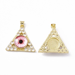 Red Rack Plating Brass Micro Pave Clear Cubic Zirconia Pendants, with Resin, Real 18K Gold Plated, Long-Lasting Plated, Cadmium Free & Lead Free, Triangle with Evil Eye, Red, 27x27.5x7.5mm, Hole: 4x3mm