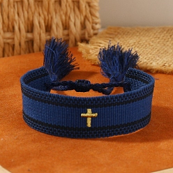 Midnight Blue Cross Embroidered Tassel Cloth Woven Braid Bracelet, Midnight Blue, Inner Diameter: 2-1/8~2-5/8 inch(5.5~6.8cm)
