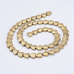 Golden Plated Electroplate Non-magnetic Synthetic Hematite Beads Strands, Frosted, Heart, Golden Plated, 8x7.5~8x2mm, Hole: 1mm, about 55pcs/strand, 15.9 inch(40.5cm)