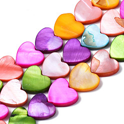 Mixed Color Natural Freshwater Shell Beads Strands, Dyed, Heart, Mixed Color, 11~12x12~13x3mm, Hole: 0.8mm, about 34~35pcs/strand, 14.96 inch(38cm)