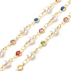Colorful Brass Glass Flat Round Link Chains, with ABS Heart Beaded, Long-Lasting Plated, Soldered, with Spool, Colorful, 10x5x2mm, 14~15x6x4mm
