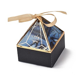 Midnight Blue Paper Fold Gift Boxes, Triangular Pyramid with Word Only for You & Ribbon, for Presents Candies Cookies Wrapping, Midnight Blue, 7x7x9cm