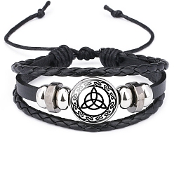 Triangle Cowhide & Imitation Leather Triple Layer Multi-strand Bracelets, Alloy Glass Rune Words Odin Norse Viking Amulet Adjustable Bracelet, Triangle, 7-1/8~10-1/4 inch(18~26cm)