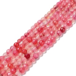 Cerise Natural Agate Beads Strands, Faceted Round, Dyed & Heated, Cerise, 3.7~4x3.9~4.3mm, Hole: 0.8mm, about 89~93pcs/strand, 13.98''(35.5cm)