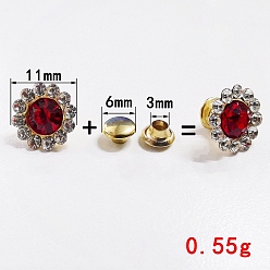 Red Alloy Flower Cap Rivets Studs, with Rhinestone, for Clothes Bag Shoes Leather Craft, Red, 11x8.5mm
