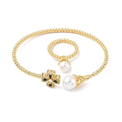 Черный Комплекты колец и браслетов-манжет с клевером из латуни с микропаве из кубического циркония для женщин, с акриловой жемчужины, стойки покрытие, реальный 18 k позолоченный, чёрные, браслет: 3~13ширина мм, внутренний диаметр: 63x54 мм